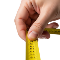A hand carefully measures with a yellow measuring tape, isolated on transparent background png