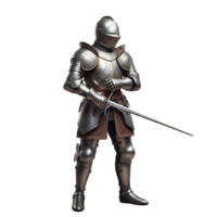 A stoic knight in shining armor, sword in hand, isolated on transparent background png