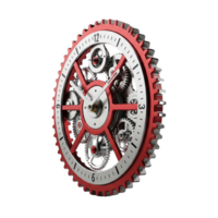 A red and silver gear clock with visible inner workings, isolated on transparent background png