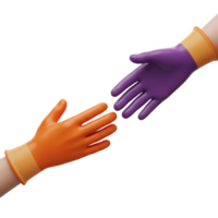Two gloved hands, one orange and one purple, reaching out to each other, isolated on transparent background png