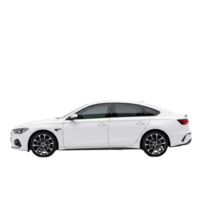 Side view of a modern white sedan isolated on transparent background png