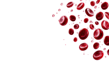 Red blood cells floating against a white background with drops of liquid in motion png