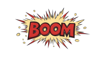 Explosion graphic with vibrant comic style burst featuring the word boom against a white background png
