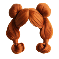 Unique orange hairstyle featuring double buns and playful pigtails for a fun and vibrant look png