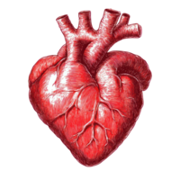 Detailed illustration of a human heart showcasing its structure and anatomy in vibrant red color png