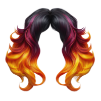 Vibrant hairstyle with black, red, and orange ombre curls designed for creative styling and fashion png