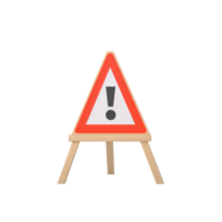 Caution sign with exclamation mark on a wooden stand for alerting pedestrians in construction zones png