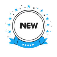 Creative badge design featuring the word new with stars and a ribbon in a vibrant layout png