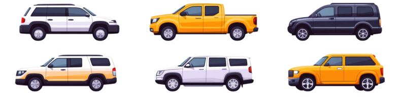 Variety of isolated vehicles displayed in different colors and styles, showcasing modern designs and functionality png