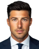 Close up of a young professional man in a formal suit with a confident expression, isolated on a white background png