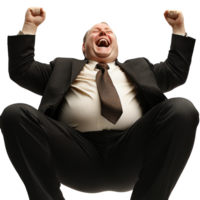 Businessman celebrating success with joyful expression and raised arms in isolated setting png