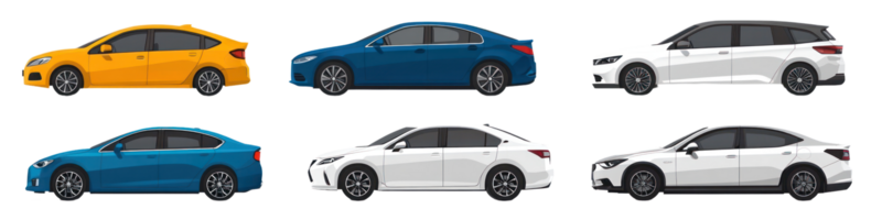 Collection of six car designs showcasing different colors and styles for automotive enthusiasts png