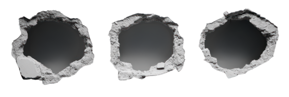 Collection of isolated wall holes showing different shapes and sizes with rough edges on a plain background png