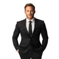 Confident man in black suit and tie with hands in pockets, showcasing professionalism and style png