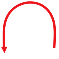 Curved red arrow pointing downwards in isolated display for graphic design use png