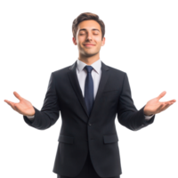 Confident man in suit expressing positivity with open arms against a white background png