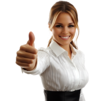 Professional woman giving thumbs up while standing in a bright environment with a happy expression png