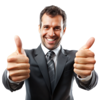 Man in suit giving thumbs up gesture with a smile while posing for a portrait against a white background png