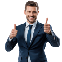 Confident businessman giving thumbs up gesture in professional suit on isolated background png