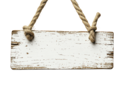 Blank wooden sign with rope hanging on isolated background for creative use in design projects png