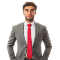 Young man wearing a gray suit and red tie confidently poses with a neutral expression against a white background png