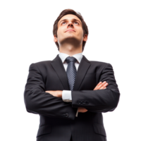 Confident businessman standing with arms crossed and looking upwards in a professional suit png