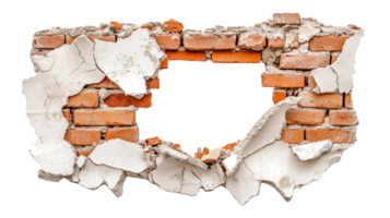 Broken brick wall revealing a gap with crumbling plaster around the edges in an isolated setting png