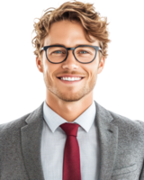 Young professional man smiling confidently in formal attire with glasses against a plain backdrop png