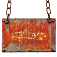 Rusty metal sign hanging from chain with peeling paint in a weathered condition png