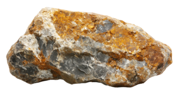 Rock fragment with a mix of gray and orange mineral deposits in isolated view png