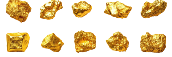 Collection of isolated golden rocks showcasing various shapes and sizes for decorative use png