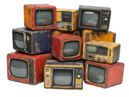 Vintage televisions stacked in a colorful arrangement showcasing retro design and worn textures png