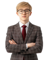 Confident young man in formal attire with arms crossed on isolated background png