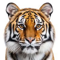Close up of a majestic tiger showcasing its striking features and fierce gaze in a pristine setting png