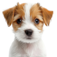 Cute puppy with fluffy fur and bright eyes staring curiously at the viewer in a studio setting png