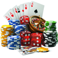Exciting gambling scene with playing cards, dice, and roulette at a casino tabletop setup png