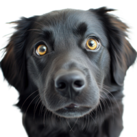 Black dog with expressive eyes looking curiously at the camera in a soft light setting png