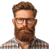 Handsome man with a beard and glasses poses confidently in a plaid shirt against a plain background png