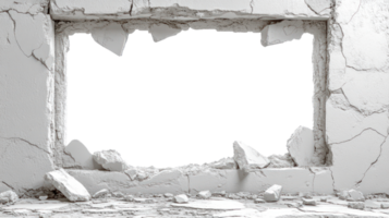 Broken wall with large opening revealing empty space and debris on the ground png