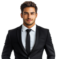 Elegant man in black suit with tie poses confidently for a professional portrait conveying modern sophistication png