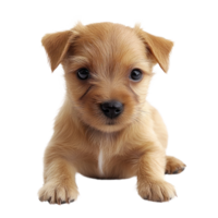 Playful puppy with fluffy fur lounging on a clean white surface in bright natural light png