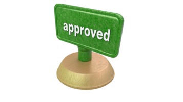 Green approved sign on a wooden base for certifications or validations in office settings png