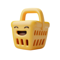 Cute yellow shopping basket with a smiling face isolated on white background png