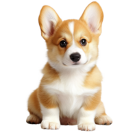 Cute isolated corgi puppy with fluffy fur and big ears sitting adorably on a white background png