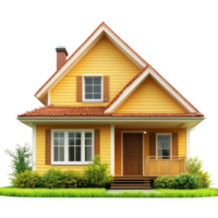Bright yellow house with a welcoming porch and lush greenery in a serene neighborhood setting png