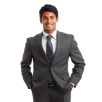 Young professional man in grey suit with confident smile standing against white background png
