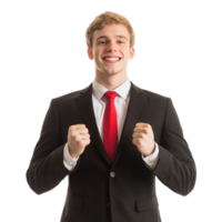Young man in a suit celebrating with fists raised in a joyful gesture against a white background png