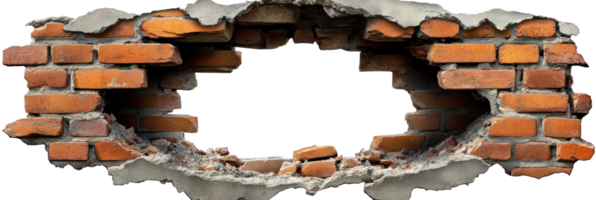 Damaged brick wall with broken mortar revealing empty space behind it png