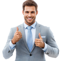 Confident young man in a light gray suit showing thumbs up with a smile against isolated background png