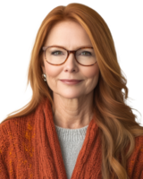 Portrait of a confident older woman with red hair and glasses, wearing a cozy sweater against a plain background png